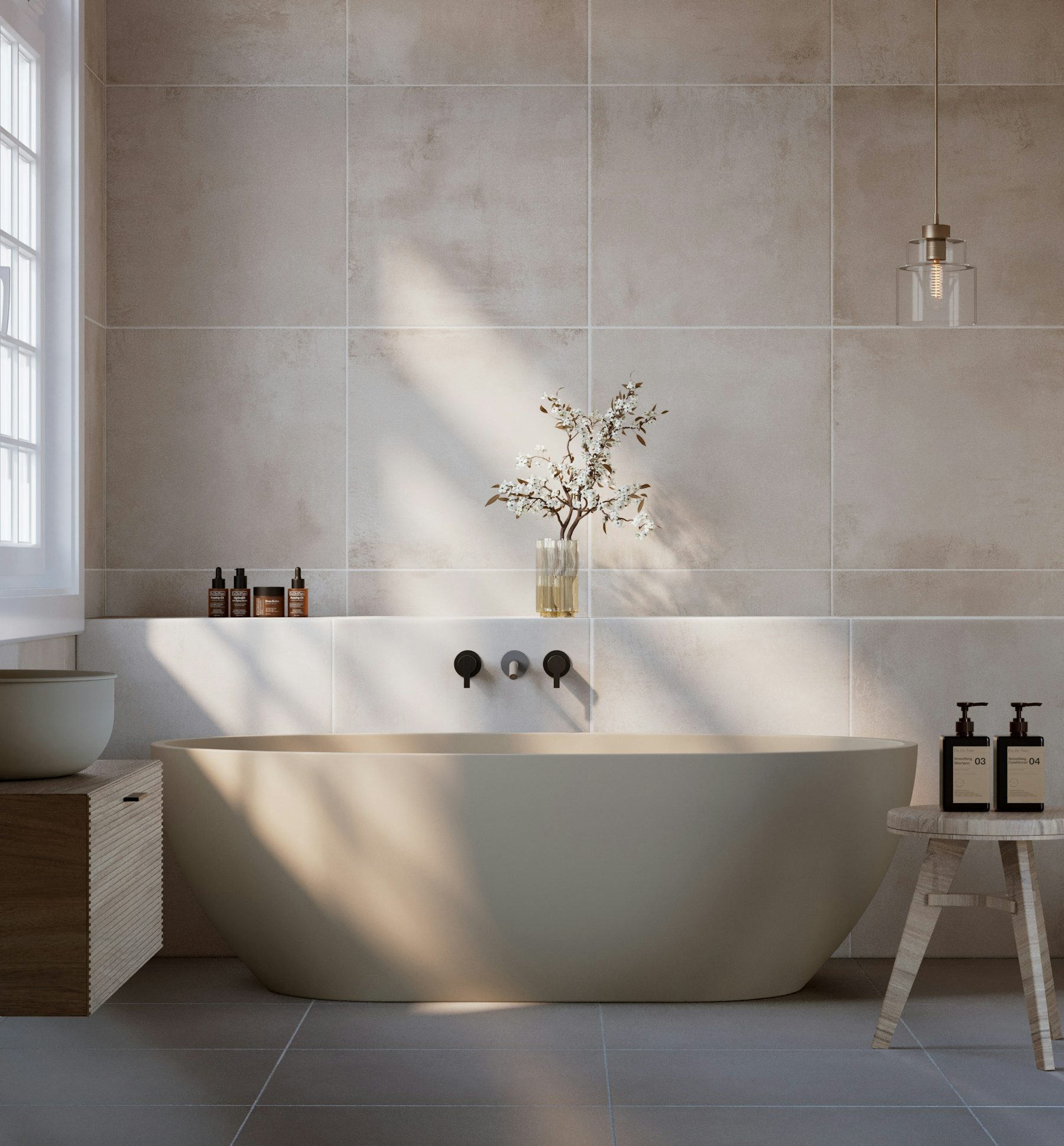 Modernes Badezimmer mit großformatigen Fliesen
